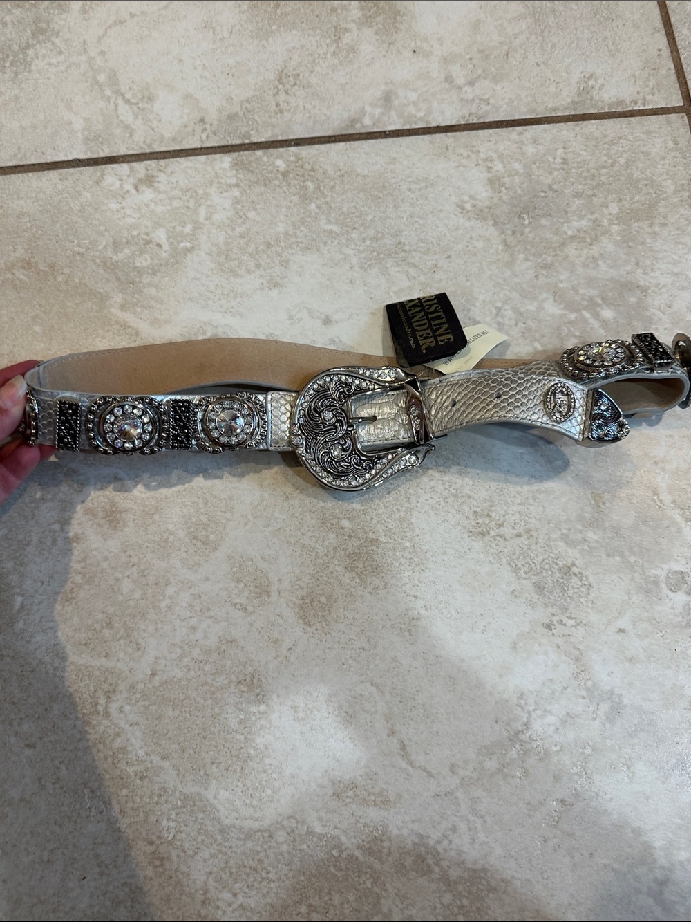 NWT! Christine Alexander Silver Leather Rhinestone Buckle Western Belt M Cowgirl